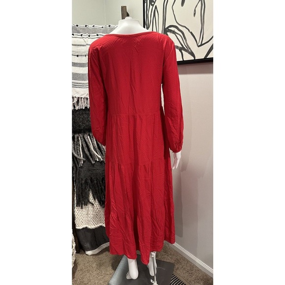 Loft Women Oversized Sz M Red Maxi Dress Tiered Textured Long Sleeve V Neck - Picture 3 of 8